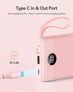 VRURC Portable Charger, Slim Power Bank Built-in 4 Cables, Travel Essential