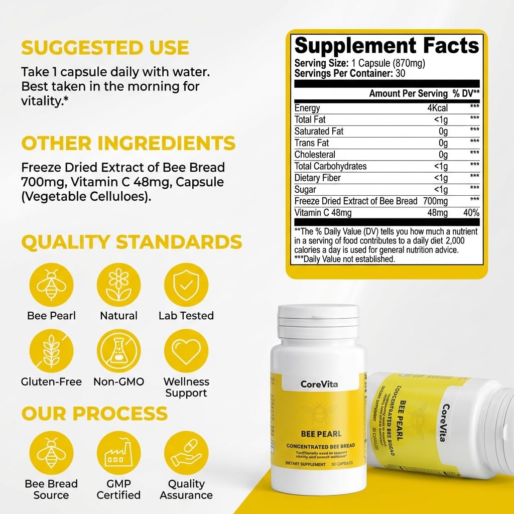 CoreVita Bee Pearl Capsules – Freeze-Dried Bee Bread Supplement for Energy, Immunity & Vitality Support – Natural Superfood, Non-GMO – 30 Capsules