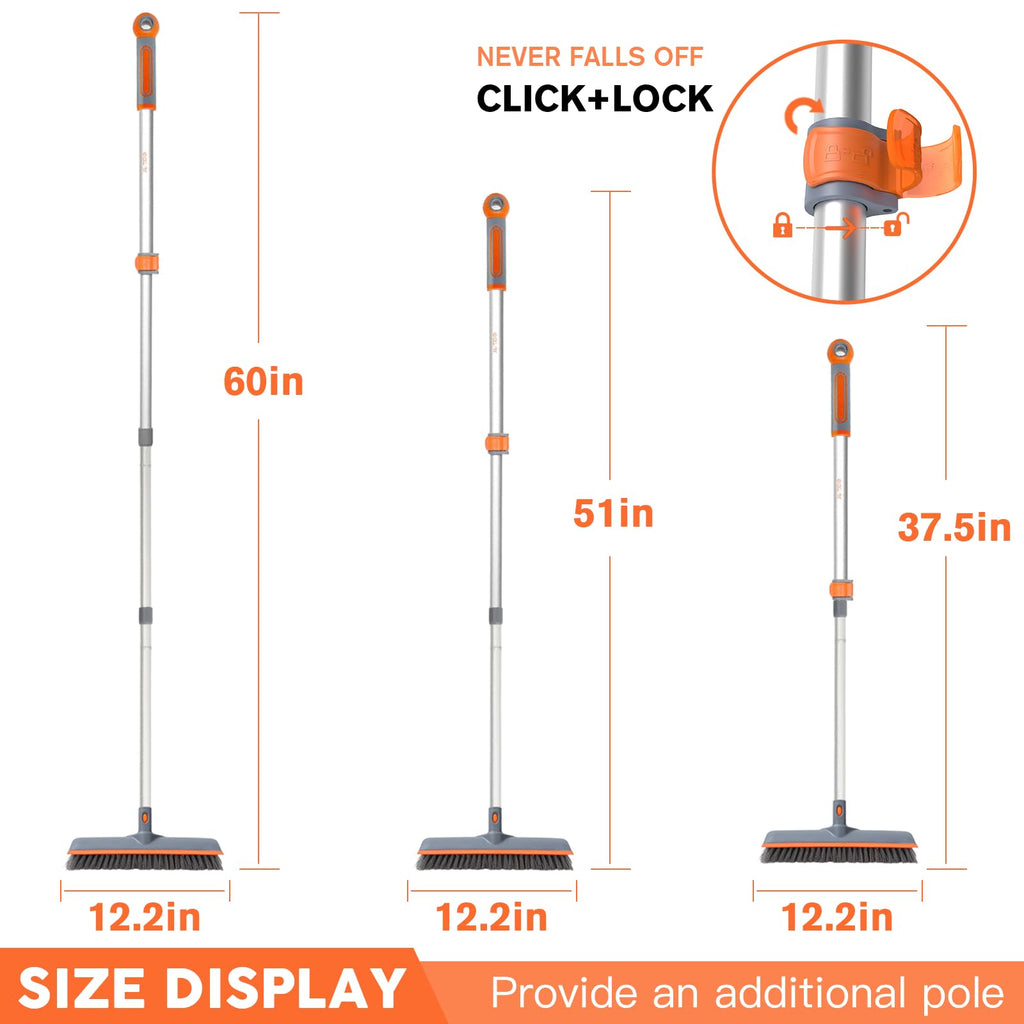 Eazer 2-in-1 Floor Scrub Brush with Long Handle, Soft/Hard Bristle Concrete Deck Brush with Squeegee, Garage Floor Cleaner for Tile/Concrete, Indoor/Outdoor Kitchen Bathroom Pool Deck -12" W/60 H