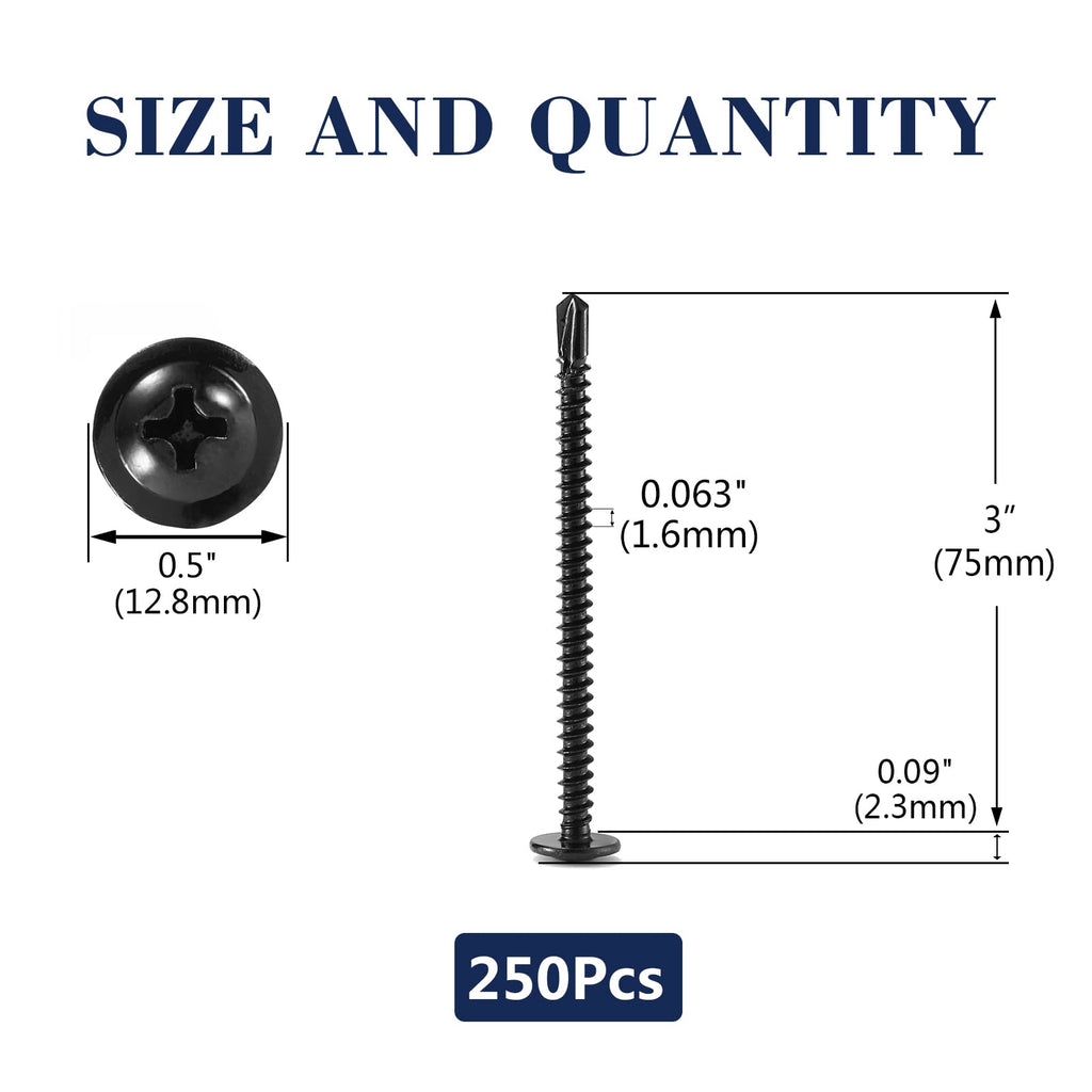 #10 x 3 Sheet Metal Screws 250PCS 410 Stainless Steel Truss Head Fast Self Tapping Screws Black Oxide by SG TZH