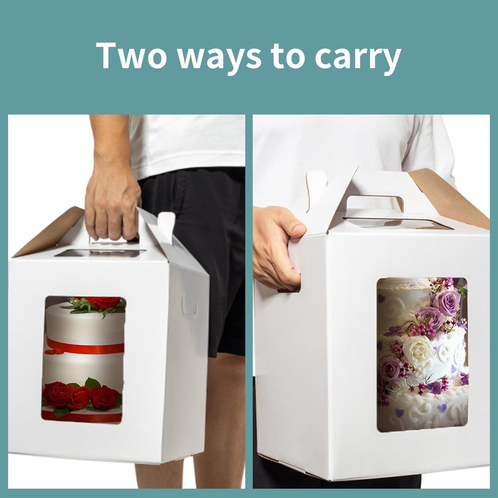 Wowxyz 3 Pack Tall Cake Boxes for Tier Cakes 12x12x14 Inch Disposable Layer Tall Baking Carrier with Window Large Tierd Bakery Take Out Transport Containers with Handle for Wedding, Birthday, Party