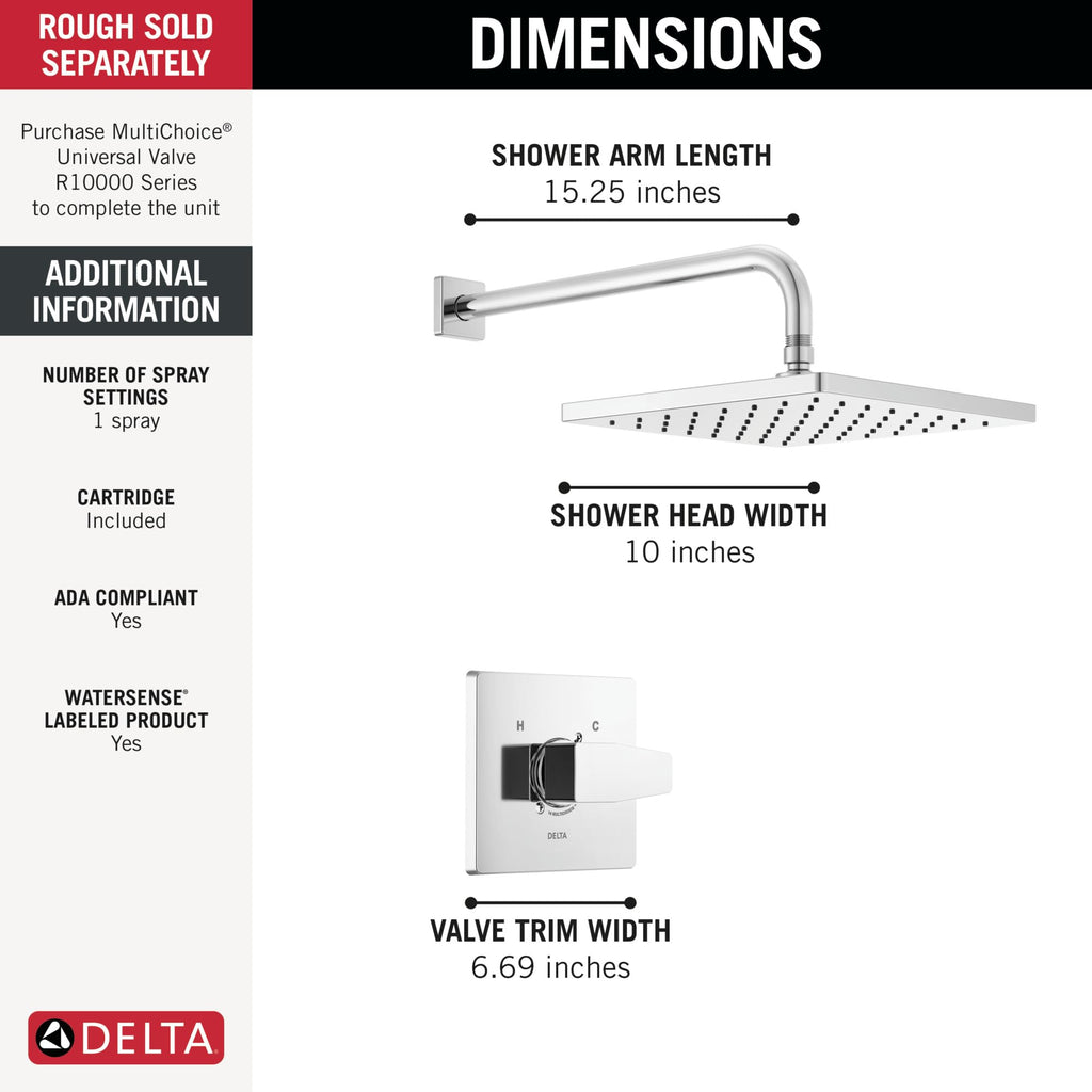 Delta Modern 14 Series Square Rain Shower Faucet Set, Chrome Shower Head and Handle Set, Valve Trim Kit, Chrome T14268-PP (Valve Not Included)