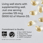 Sports Research® Vitamin D3 w/Coconut MCT Oil - High Potency Vitamin D3 5000iu (125mcg) Supplement for Immune & Bone Support - Seed Oil Free - Non-GMO - Gluten Free (360 Liquid Softgels)