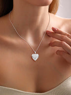 U7 Memorial Photo Locket Necklace, Women Silver Heart Pendant with Engrave