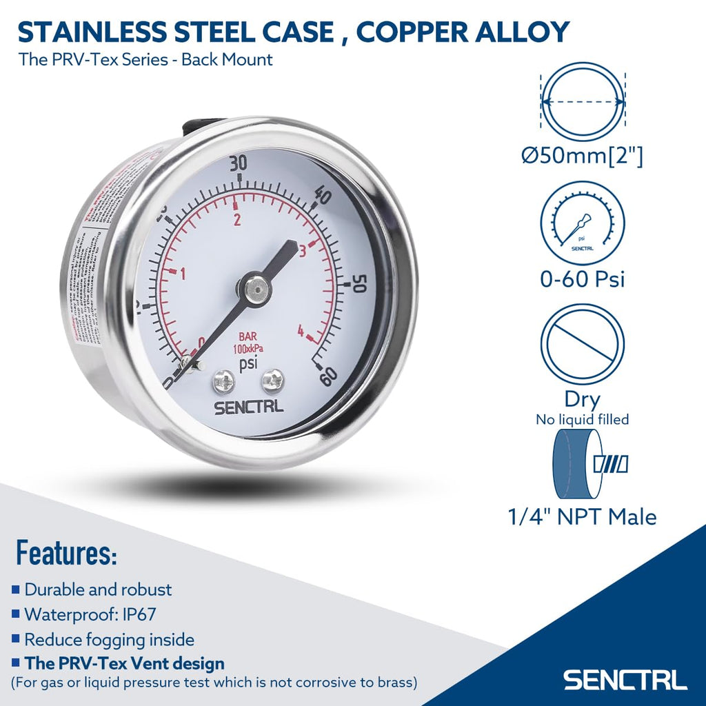 SENCTRL 0-60 Psi Low Pressure Gauge, 1/4 NPT Back Mount
