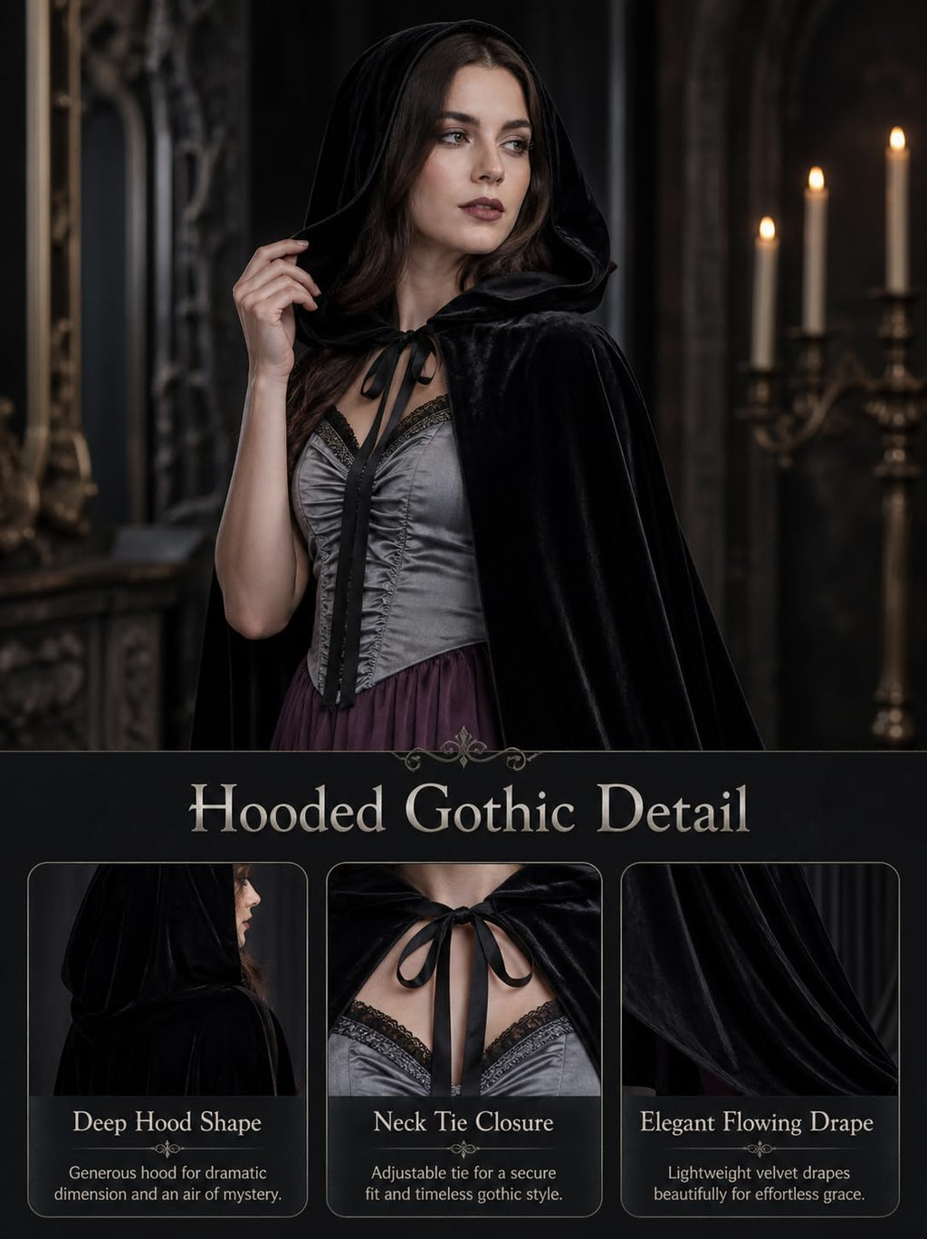 Vampire Super Long Shawl,Halloween Black Cloak Adult Hooded Cape