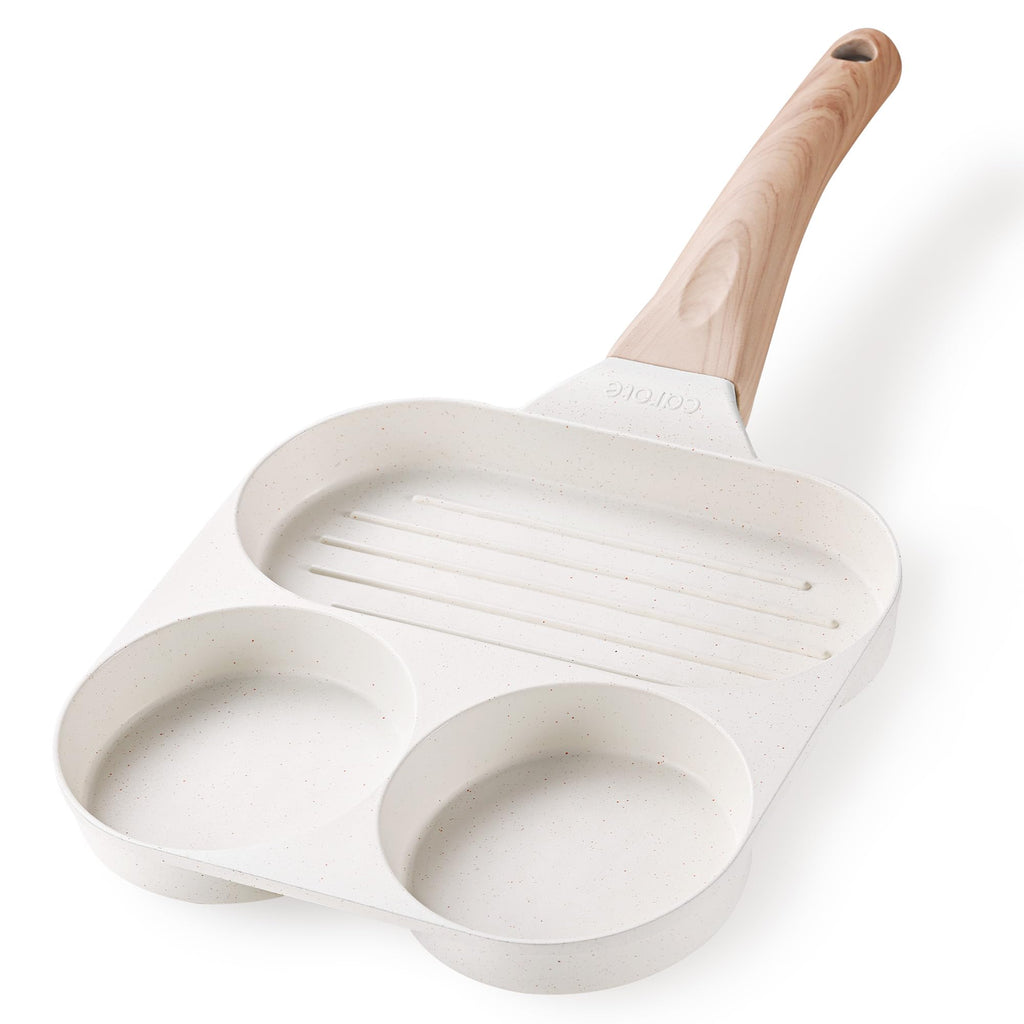 CAROTE Egg Pan Omelette Pan, 3-In-1 Divided Nonstick Grill Pan, Pancake Pan and Healthy Egg CookerSuitable for Gas Stove & Induction Cookware, White Granite