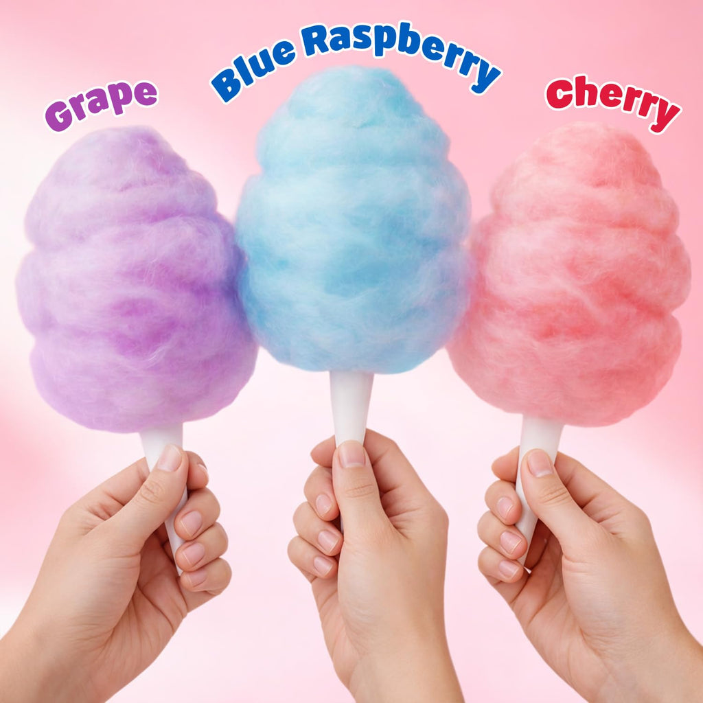 Cotton Candy Sugar Floss Variety Pack - Grape, Raspberry & Cherry Flavors, 3 Bottles (12oz Each) Includes 55 Cotton Candy Cones for Home & Commercial Cotton Candy Machines, Parties, Carnivals & Events