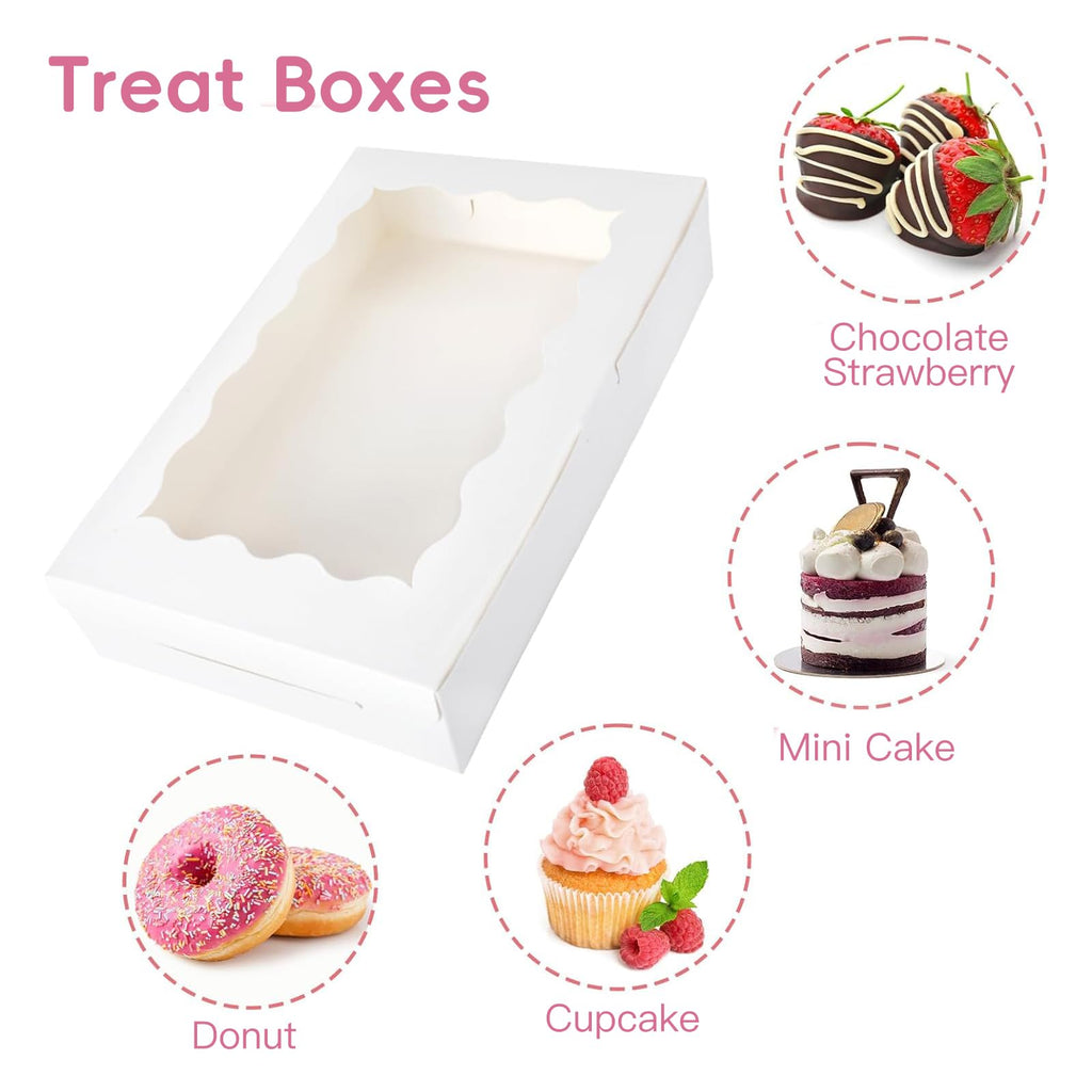 Moretoes 24pcs Bakery Boxes, 12x8x2.5 Inches,Treat Boxes with Window for Chocolate Covered Strawberries, Pastries, Cookies, Desserts, Donuts and Muffins