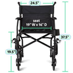 Medline Ultra Lightweight Transport Wheelchair for Adults, Foldable, 19-Inch Seat Width, Black Frame, Black Upholstery