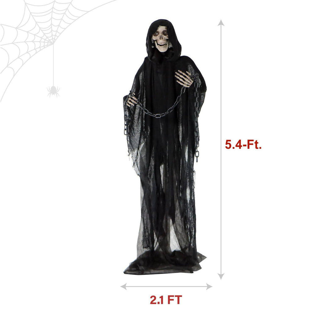 Haunted Hill Farm Life-Size Scary Grim Reaper with Chain, Halloween Animatronic with Touch Activated Lights and Sounds, Battery Operated Indoor or Covered Outdoor Halloween Decorations, Halloween Prop