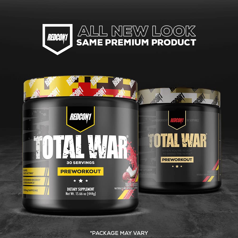 REDCON1 Total War Pre Workout, Tiger's Blood - Pump, Endurance & Energy Boosting Workout Supplement - Caffeinated Pre Workout with Taurine, Green Tea + Di Caffeine Malate (15 Servings)