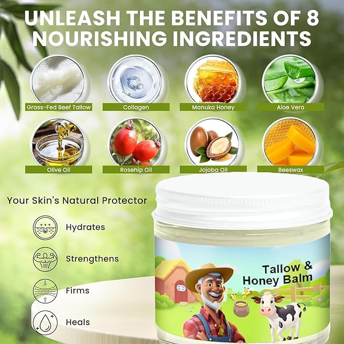 Tallow & Honey Balm，Tallow Face Moisturizer, Beef Tallow for Skin, Handmade All-Natural Moisturizer with Grass-Fed Beef Tallow & Raw Wild Honey for Smooth, Hydrated Skin ，Natural Formula (1pcs)