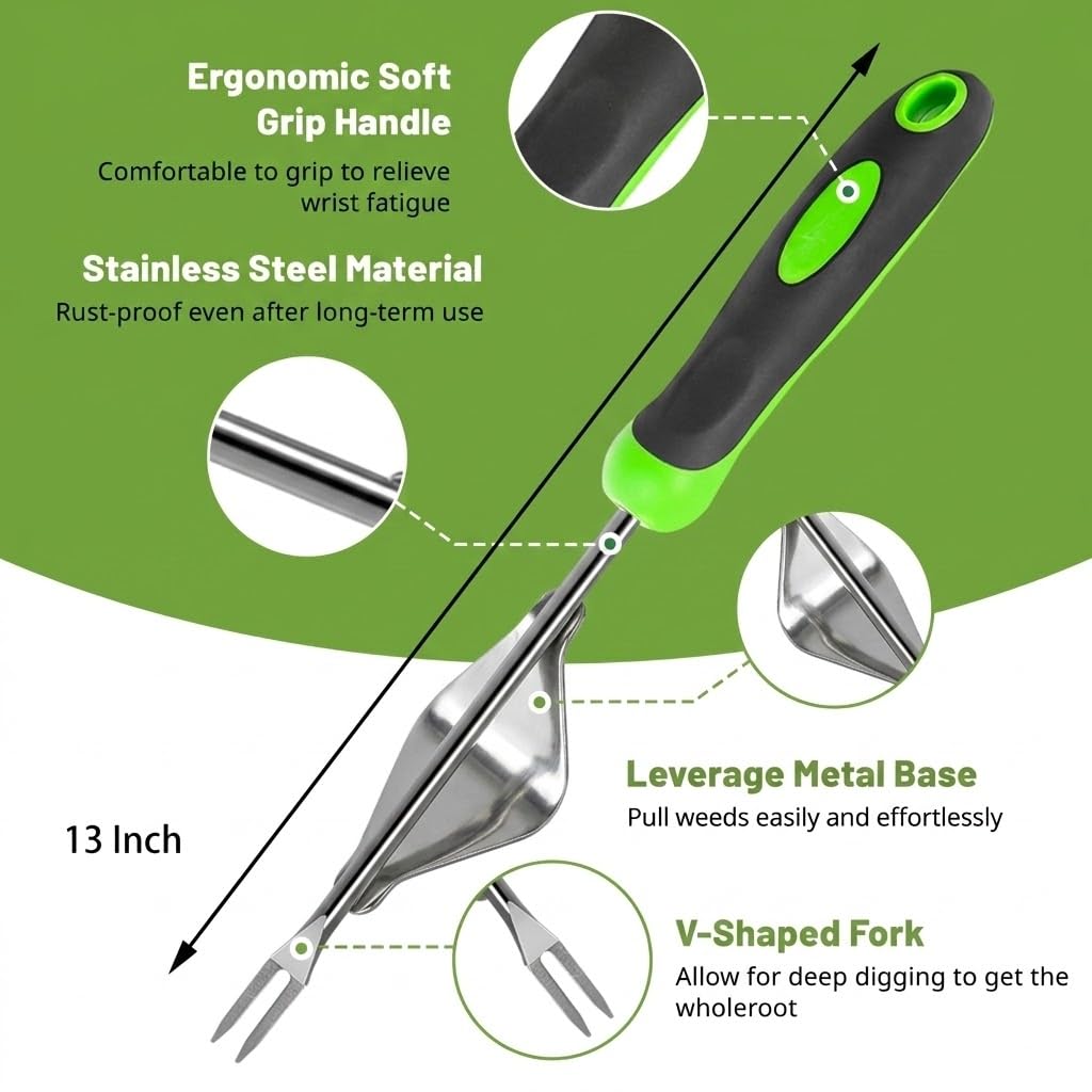 Juxifyron 3 Piece Weeding Tool Set, Stainless Steel Hand Weeder Kit with Rubber Handles, Crack Weeder, Weed Puller and Crevice Tool for Lawn, Flower Beds, Sidewalk Cracks, Patio and Between Pavers