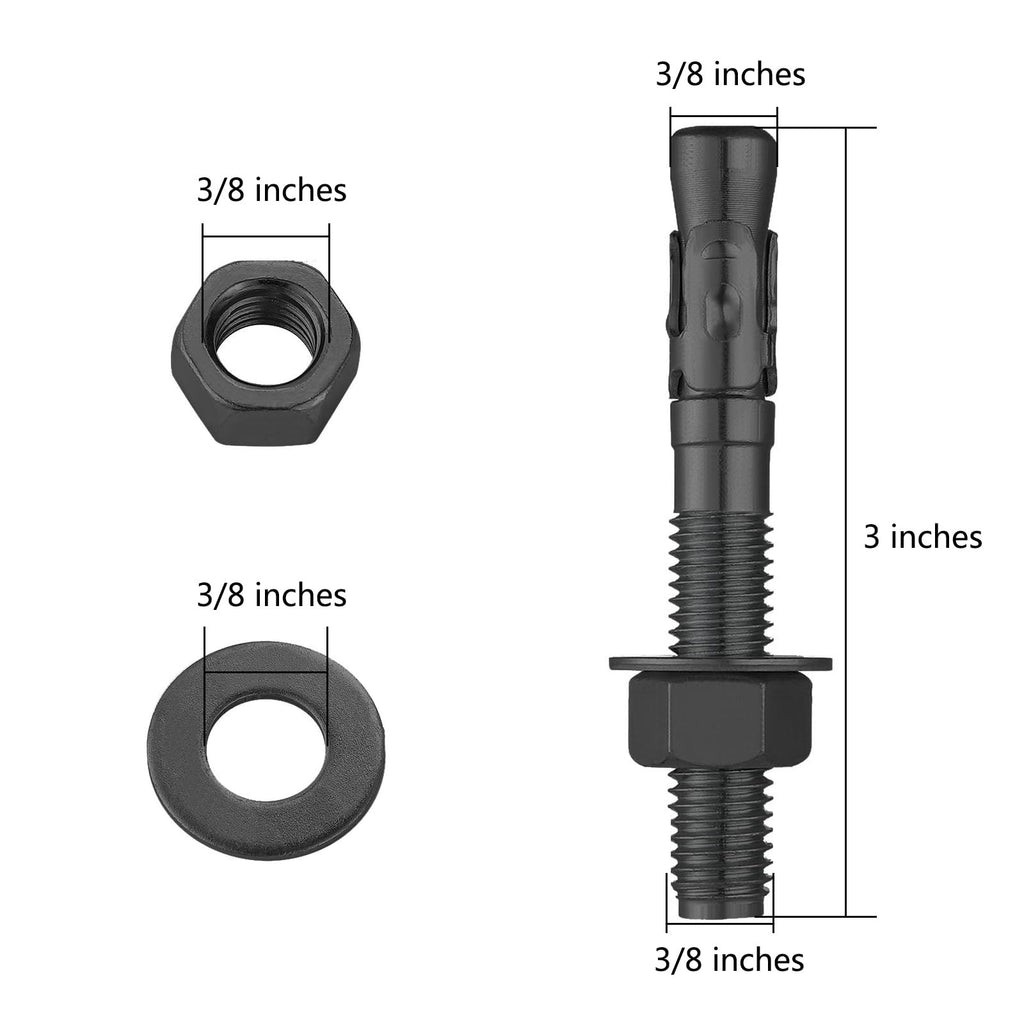 Wensilon 100Pcs 3/8x3 Inch Standard Fasteners for Heavy-Duty Black Wedge Anchors for Cement and Concrete