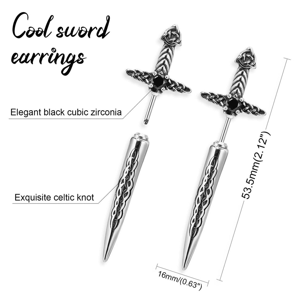 Hisatan Sword Earrings for Men Women, Stainless Steel Gothic Dagger Celtic Knot Irish Studs Earrings, Cool Punk Hip Pop Cubic Zirconia Dangle Goth Screw Spike Earring Jewelry