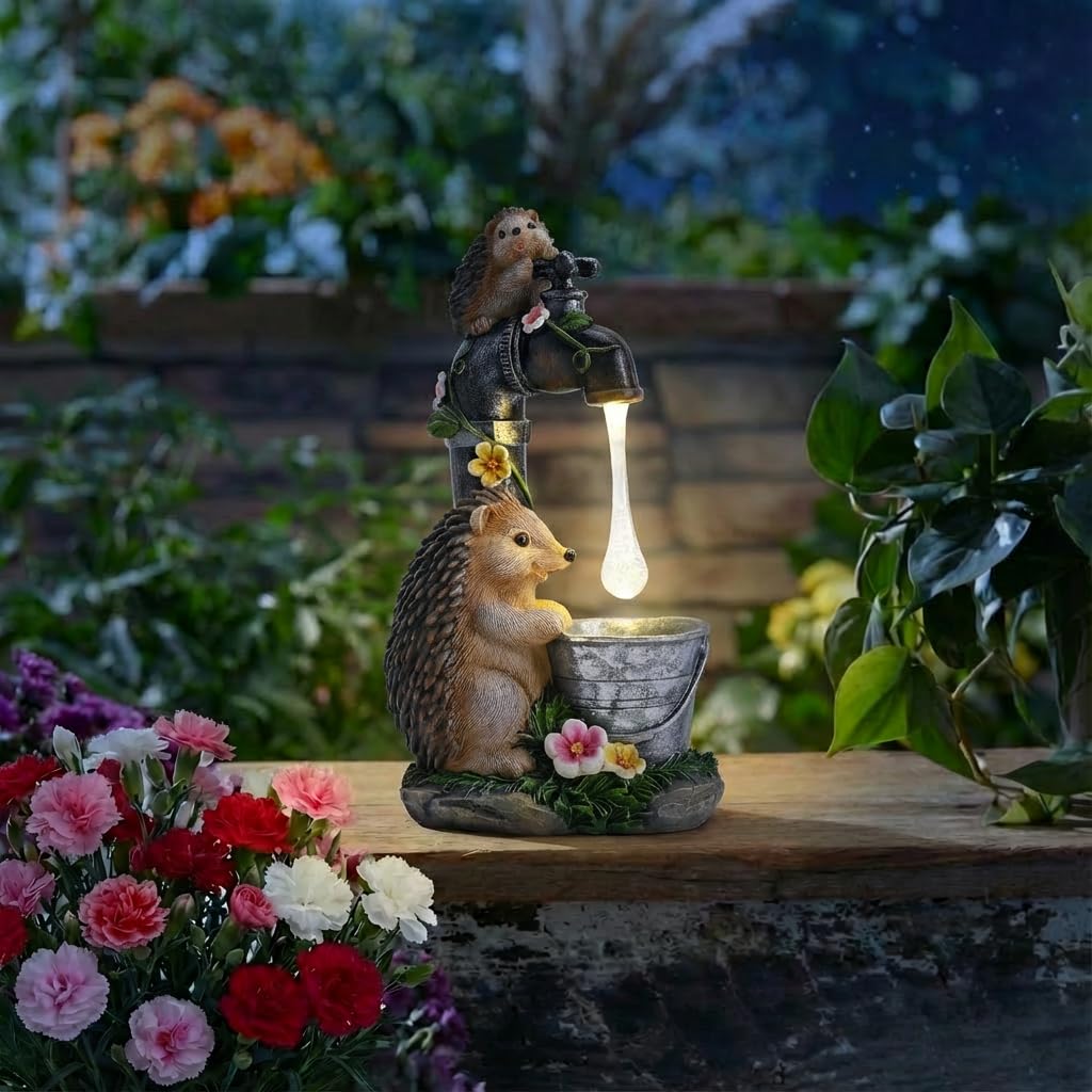 TERESA'S COLLECTIONS Garden Decor, Cute Hedgehogs and Faucet Garden Decor with Solar Light, Waterproof Resin Garden Statue, Outdoor Hedgehogs Figurines, Garden Gift for Women Mom, Indoor/Outdoor
