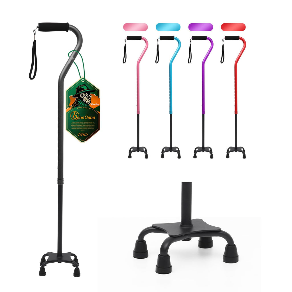 BeneCane Quad Cane Adjustable Walking Cane with Offset Soft Cushioned Handle for Men & Women Lightweight Comfortable with 4-Pronged feet for Extra Stability(Black)