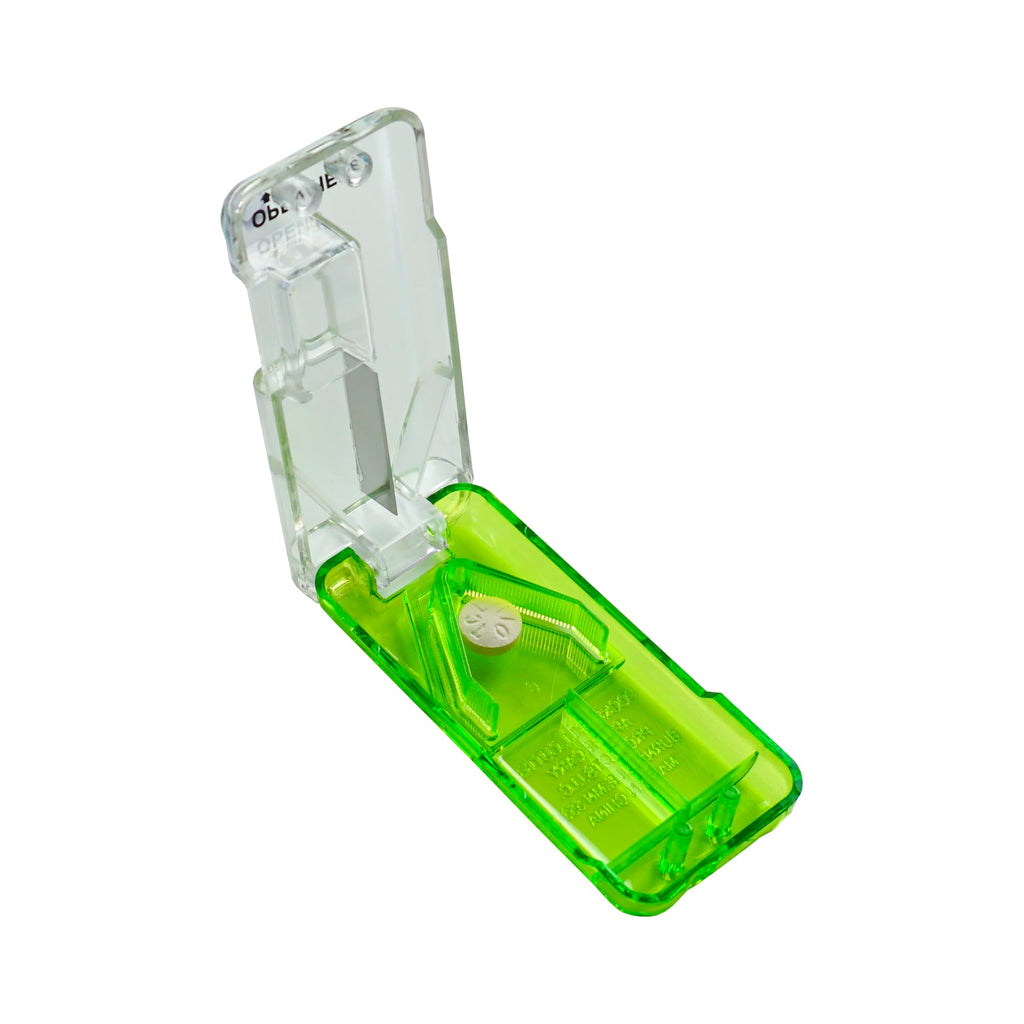 EZY DOSE Pill Cutter and Splitter with Dispenser, Daily Usage, Safely Cut Pills, Vitamins, Tablets in Half or Quarters, Accurate and Easy Cutting, Stainless Steel Blade, Travel Sized, Green, BPA Free