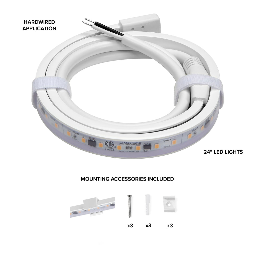 Maxxima 24 in. Hardwired LED Under Cabinet Strip Light, 920 Lumens, 3000K Warm White, Kitchen and Living Room 120V White Cove Lighting, No Power Supply Needed