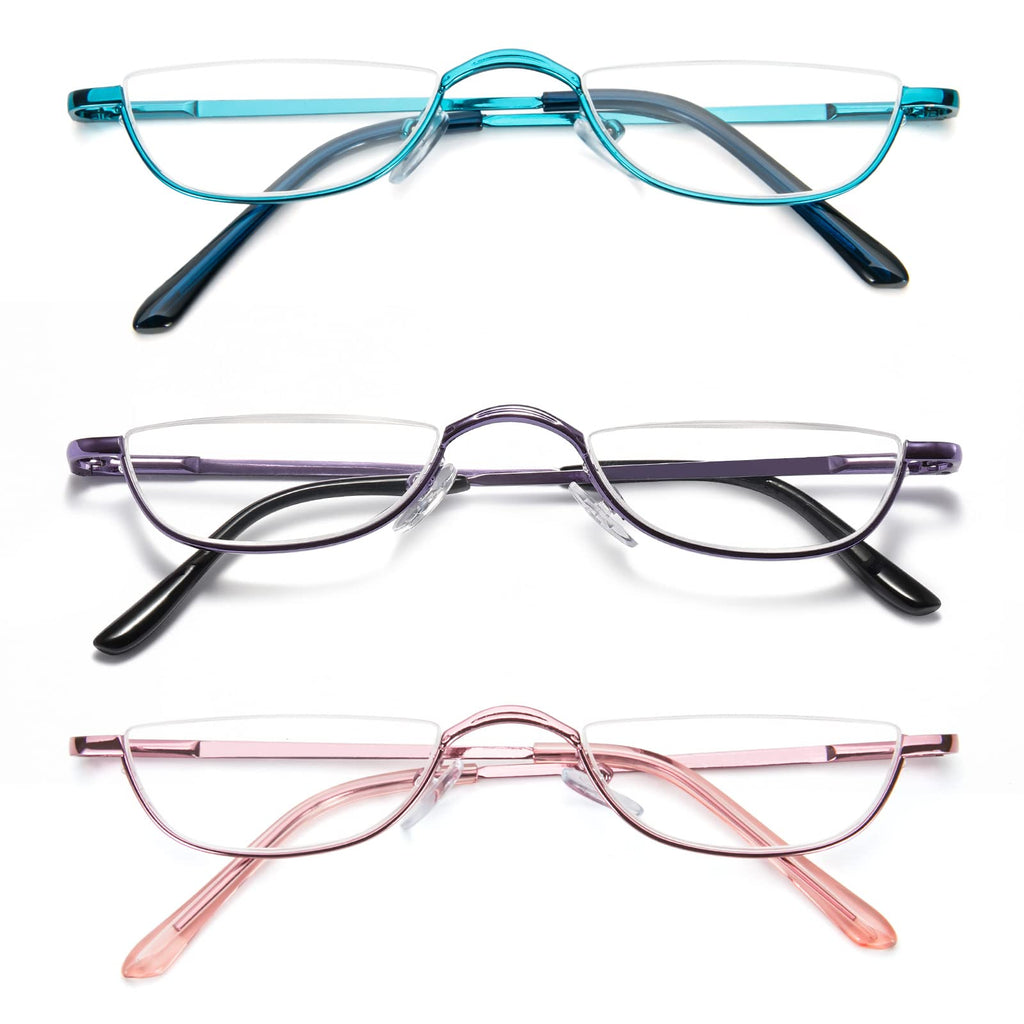 DXYXYO Small Half Frame Reading Glasses for Women 2.5+, 3 Pack Half Moon Metal Readers with Spring Hinge, Purple Blue Pink