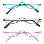 DXYXYO Small Half Frame Reading Glasses for Women 2.5+, 3 Pack Half Moon Metal Readers with Spring Hinge, Purple Blue Pink
