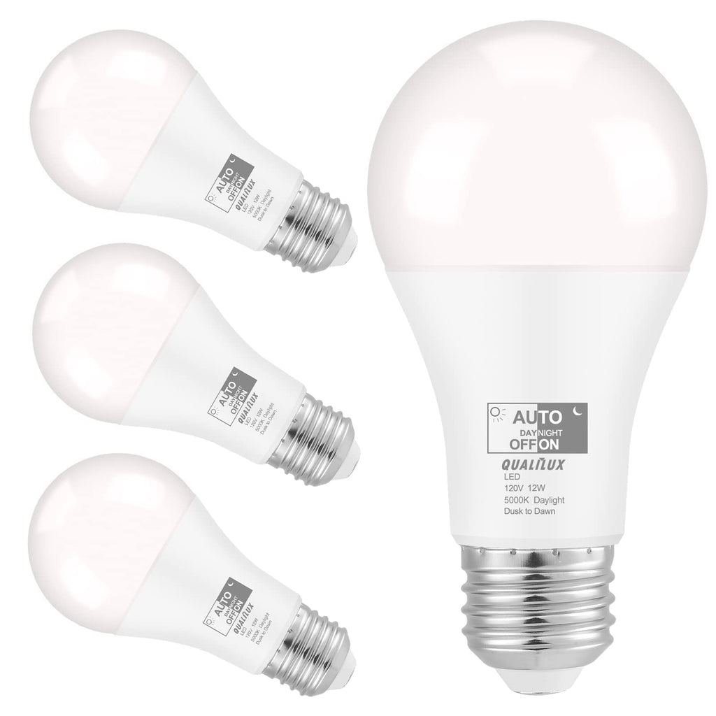 Qualilux Dusk to Dawn Light Bulbs, Auto On/Off Light Sensing LED Bulbs Outdoor, Daylight, A19 4-Pack, 12W 1000LM 75W Equivalent, HQ-H024