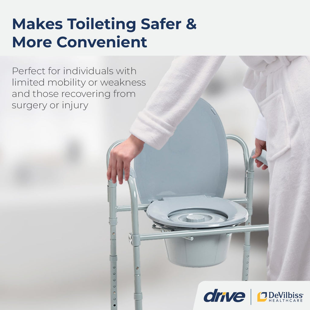 Drive Medical Folding Steel Bedside Commode Chair - 3-in-1 Portable Toilet - Adjustable Height - 350 Lb Weight Capacity - 7.5 Qt Bucket - Adult Commode - Grey