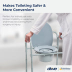 Drive Medical Folding Steel Bedside Commode Chair - 3-in-1 Portable Toilet - Adjustable Height - 350 Lb Weight Capacity - 7.5 Qt Bucket - Adult Commode - Grey