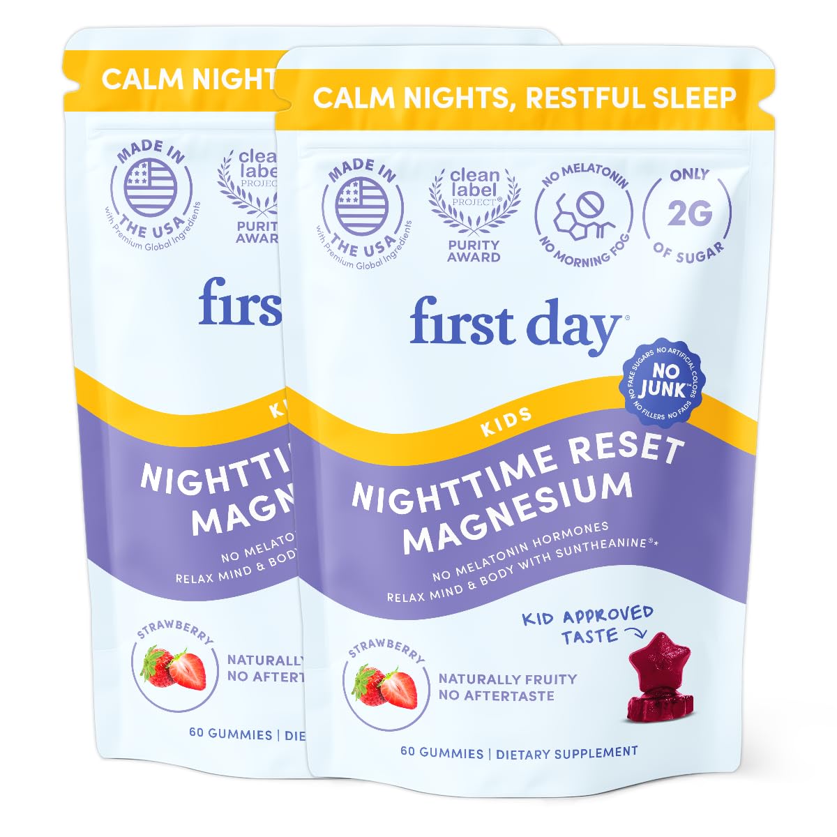 FIRST DAY Magnesium for Kids Gummies – Calm Kids Magnesium Citrate Gummies to Support Sleep & Relaxation – Bedtime Supplement with Suntheanine® L-Theanine, NO Melatonin - Strawberry - 30-Day Supply