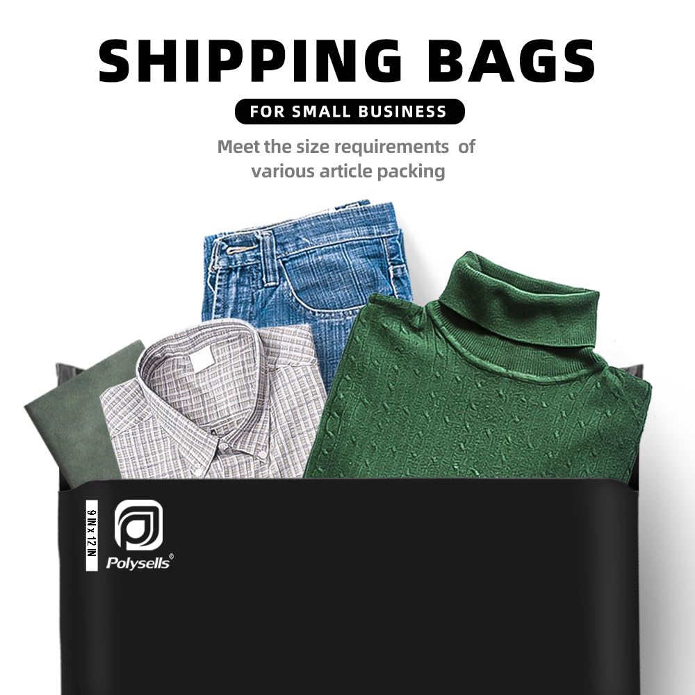 POLYSELLS 200 pcs 9x12 Inches Black Poly Mailers Shipping Envelopes, Strong Adhesive Sealing, Waterproof, and Tear-resistant Postal Mailing Bags for Small Business, Clothes, Non-Fragile Items