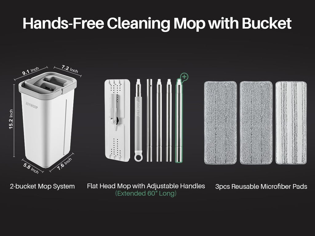 JOYMOOP Flat Mop System with Wringer Bucket, White, Microfiber Floor Cleaning Set for Wet and Dry Use, 60" Handle with 3 Reusable Pads