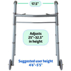 Medline Lightweight Junior/Lower Height Folding Walker with 5” Wheels