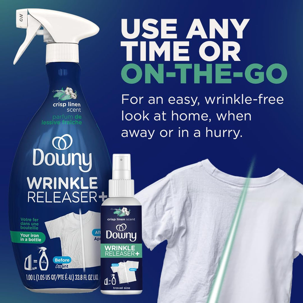 Downy Wrinkle Releaser Spray, All In One Formula, Removes Wrinkles, Static and Odor Eliminator, Crisp Linen Scent, 33.8 Fl Oz (Packaging May Vary),(Pack of 4)