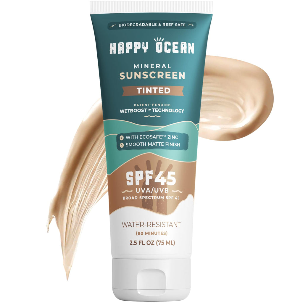 Happy Ocean SPF 45 Tinted Mineral Sunscreen with Non-Nano Zinc Oxide for Face and Body, Fragrance Free, Reef Safe Biodegradable Sunscreen, Tinted Mineral Moisturizer, Water Resistant, 2.5 Fl oz