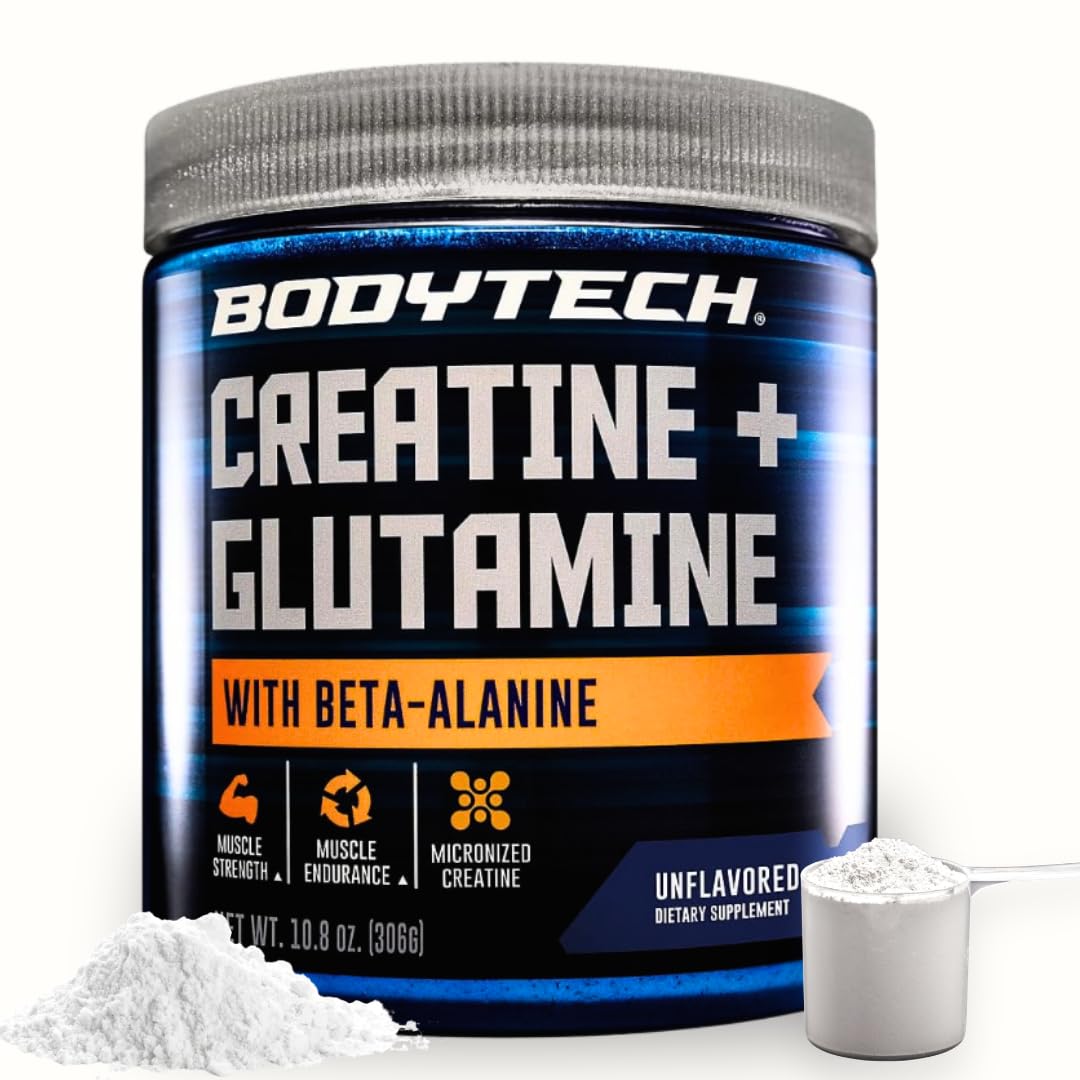 BodyTech Creatine + Glutamine with Beta Alanine Powder, Supports Training & Recovery, Pre Workout & Post Workout Supplement for Men & Women, Unflavored, Gluten Free, 10.8 Oz, 30 Servings