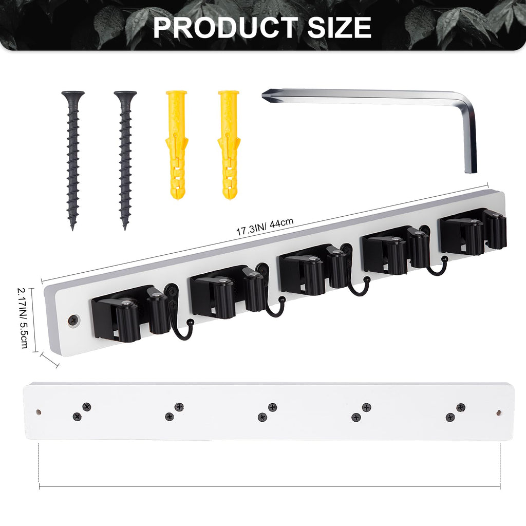 FunCee Broom Holder Wall Mount With 5 Slots & 4 Hooks，Rustic Wood Broom & Mop Hanger，Wall Mounted Garden & Garage Tool Storage Organizer Rack for Closet Laundry Room or Kitchen Wall Decor White