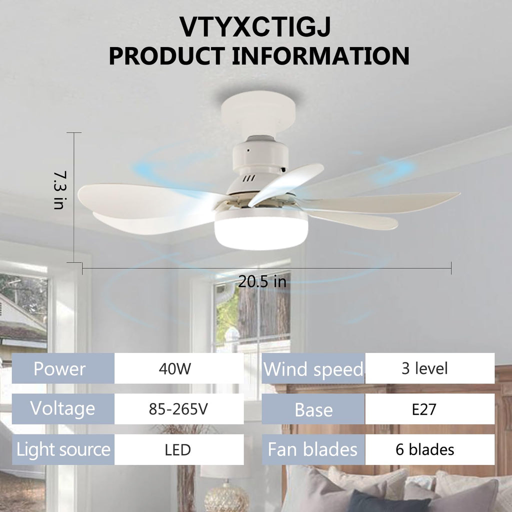 VTYXCTIGJ Socket Fan Light with Remote, Portable Small Ceiling Fans with Lights Bulb for Bedroom, Kitchen, Living Room, 20" Screw in Ceiling Fan in Light Socket for E26 Base 40W/3000K-6000K Dimmable