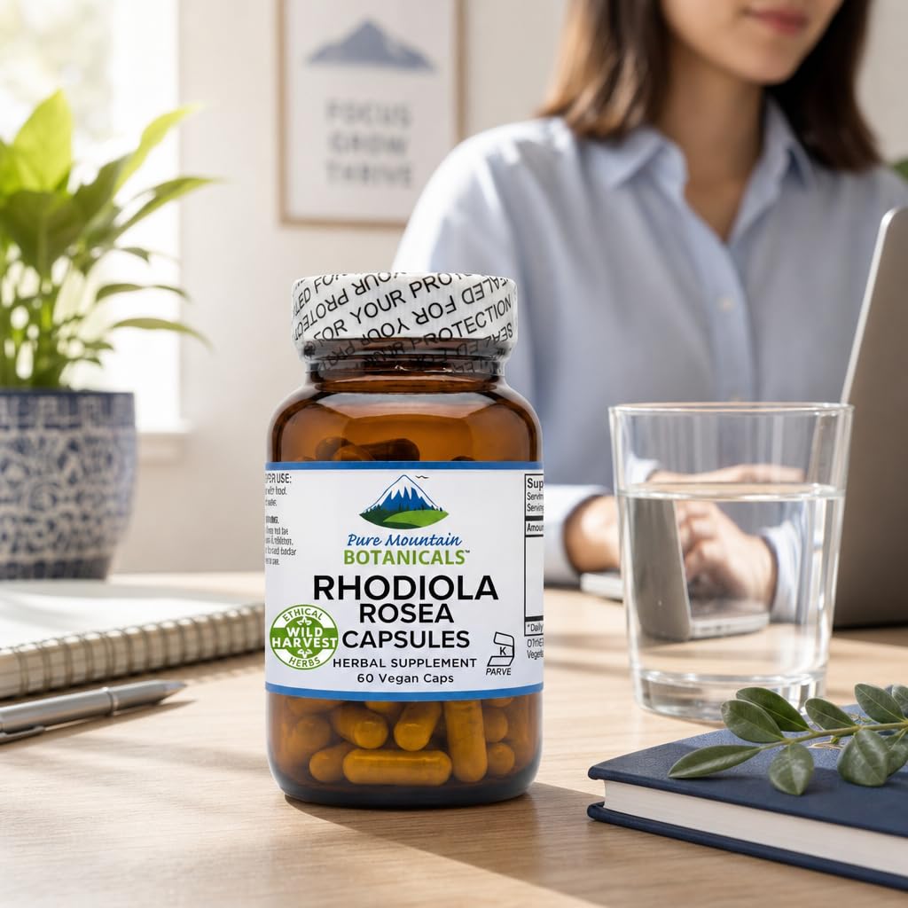 Pure Mountain Botanicals Rhodiola Rosea Supplement - 60 Capsules 250mg - Root Extract Standardized 3% Rosavins 1% Salidroside - Vegan Kosher Gluten Free