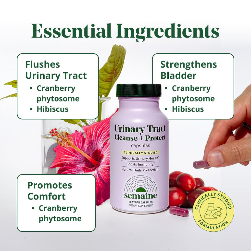 Semaine Urinary Tract Cleanse & Protect - 60 ct, Bladder Support Supplement for Women, Flushes Urinary Tract. Combines Cranberry Proanthocyanidins with Hibiscus