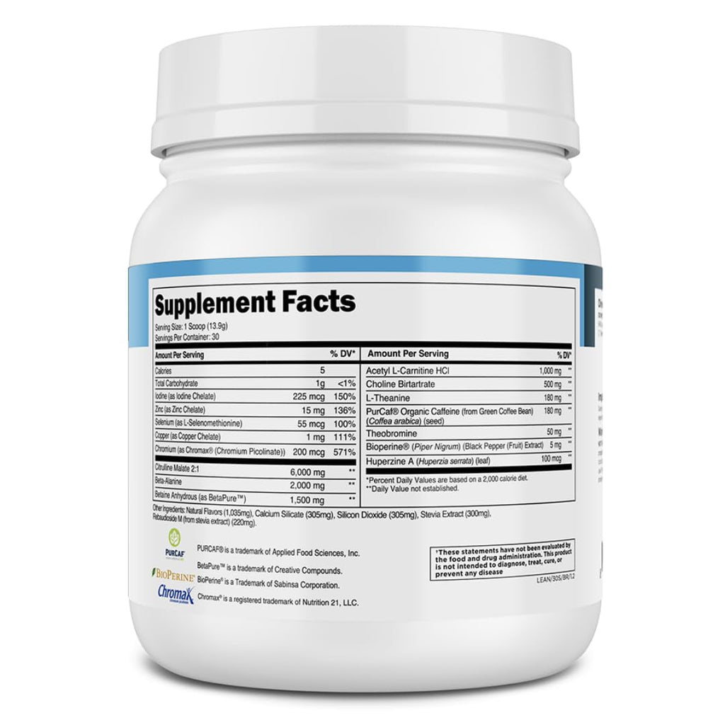 Transparent Labs Lean Pre-Workout - Body Recomposition Pre Workout for Men and Women with Acetyl L-Carnitine, Beta Alanine Powder, & PurCaf Organic Caffeine Powder - 30 Servings, Blue Raspberry