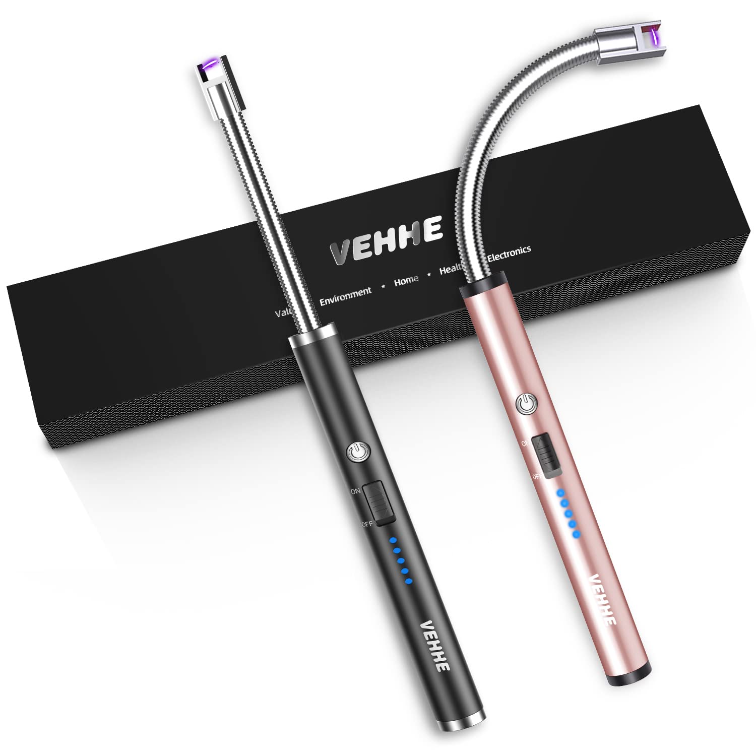 VEHHE Candle Lighter, 2 Pack Rechargeable Electric Lighter with LED Battery Display Safety Switch, Flexible Neck USB Lighters for Candles Camping Grill Gas Stoves Cooking (Black & Pink)