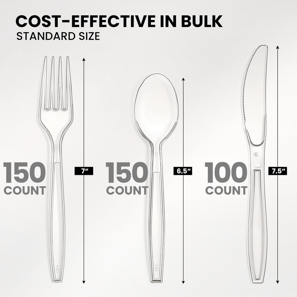 400 Count Heavy Duty Plastic Silverware, BPA-Free, Clear Plastic Cutlery Set, Premium Disposable Utensils for Party Everyday Use, 150 Forks, 150 Spoons and 100 Knives
