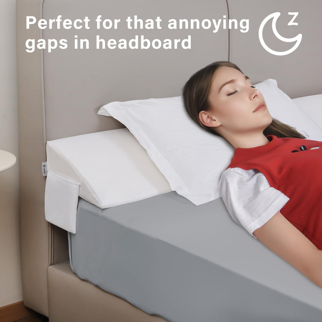 Vekkia Queen Bed Wedge Pillow for Headboard Gap Filler(0-5"),High-Density Foam,Prevent Pillow & Item from Falling,Ergonomic Design,Large Storage Pockets, Removable&Washable Cover,White,60''x10 x6