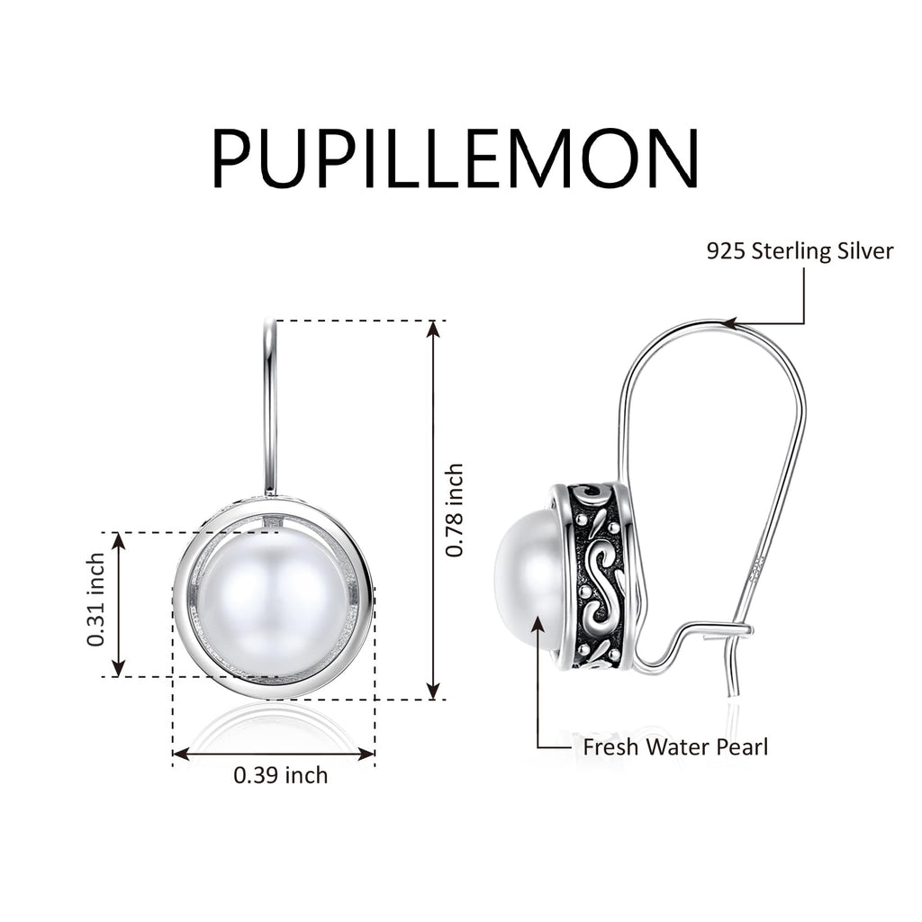 PUPILLEMON 925 Sterling Silver Pearl Drop Earrings for Women, Leverback