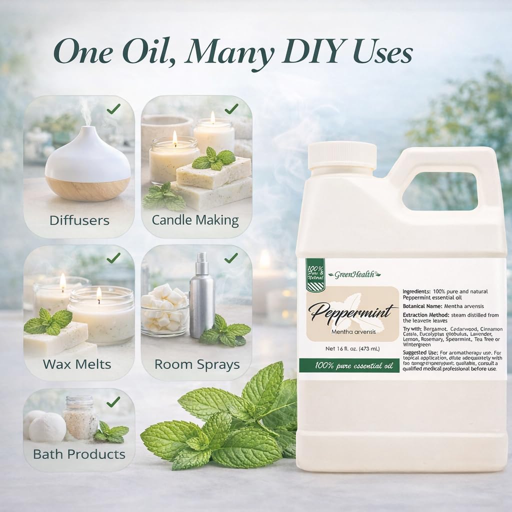 GreenHealth Peppermint Essential Oil – 16 fl oz | 100% Pure & Uncut | Heavy-Duty Plastic Jug | FDA Compliant, Space-Saving Container | for Aromatherapy, Soap, Candles, Cleaning, DIY