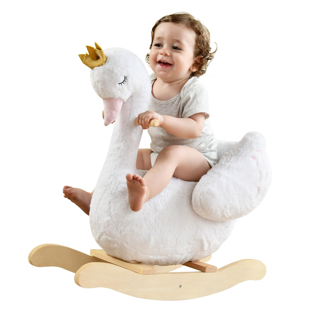 White Swan Rocker labebe Kids Rocking Horse White Swan, Stuffed Animal Wooden Rocker for ...
