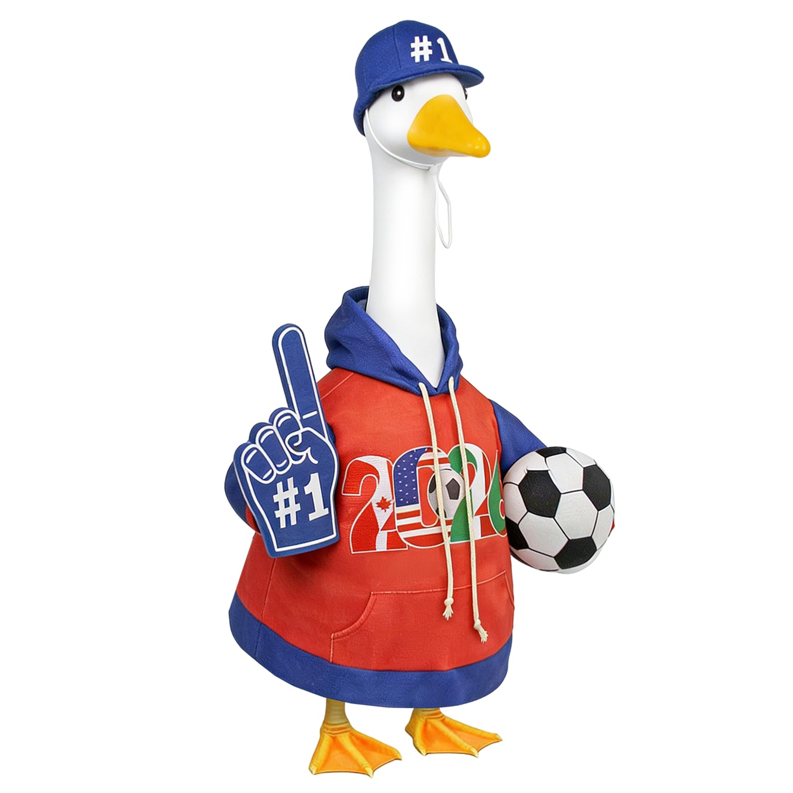 APHIUFR Soccer Themed Porch Goose Outfits,2 Pcs Adorable Goose Clothes Set with Hat,Ball & Foam Finger,Fits 23" Lawn Goose Statue Game Day Goose Costume for Garden Patio Yard Outdoor Decor