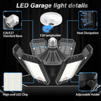 AUDLES 2 Pack Garage Lights, 200W 20000LM 6500K LED Shop Lights, Garage Light Ceiling Led with 6+1 Deformable Panels, Screw in E26/E27 Socket Bulb for Warehouse, Workshop, Basement, Barn Lighting