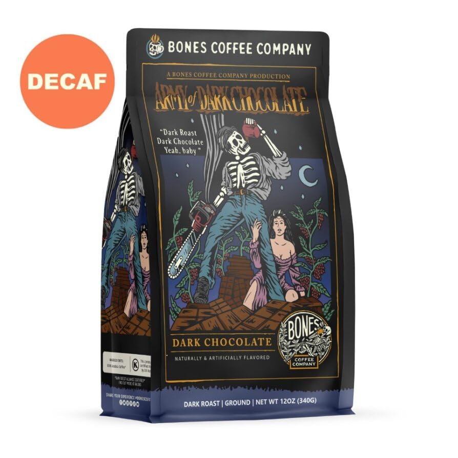 Bones Coffee Company Decaf Army Of Dark Chocolate Flavored Coffee Beans, Dark Roast Ground Coffee Low Acid Decaffeinated (12 oz)